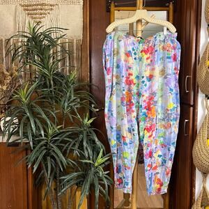 Vintage 90s Jams World Wide Leg Pants L Rayon Abstract Tropical Resort Lounge